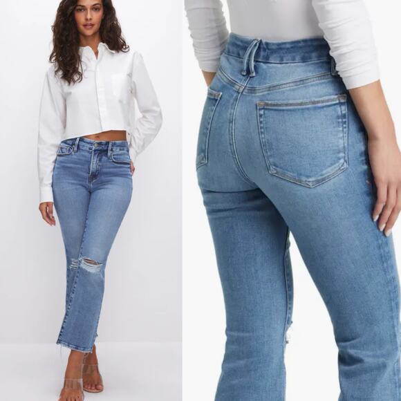 Good American good legs crop mini boot jeans kick crop flare bootcut distressed - Picture 11 of 14